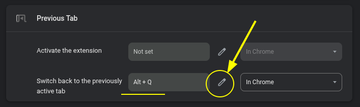 Изменение горячих клавиш для Previous Tab
